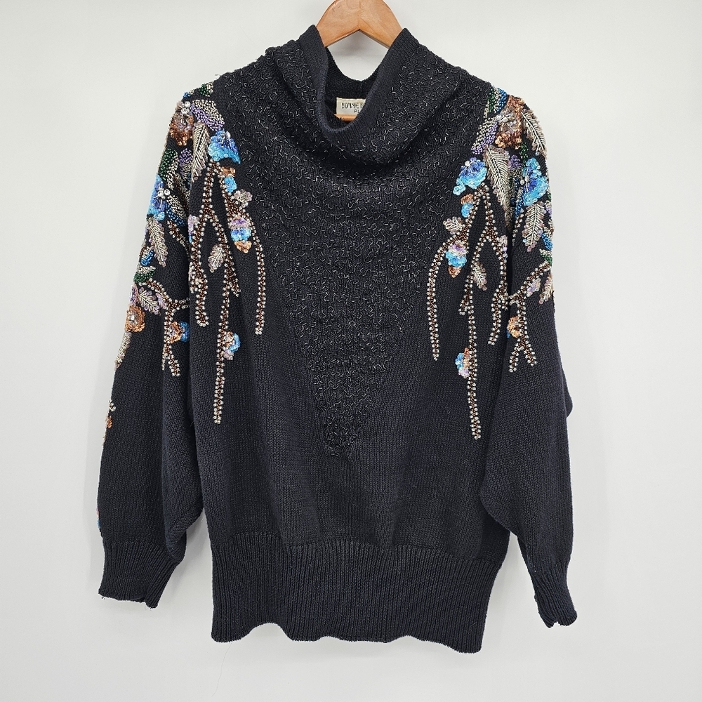 Bonnie Boerer Plus Vintage Drop Sleeve Sequin Floral Slouchy Cozy Sweater 2x